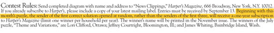 change in policy | Harper's cryptic contest | September 2013