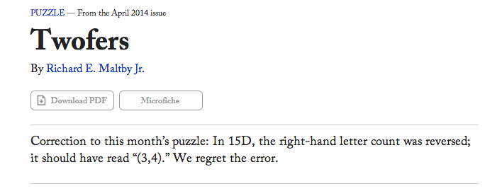 Correction to this month's puzzle: In 15D, the right-hand letter count was reversed; it should have read “(3,4).” We regret the error.