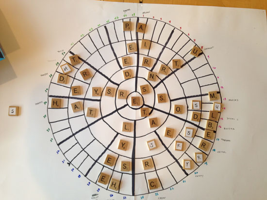 partial solution to the October 2015 Harper's puzzle using giant paper and Scrabble tiles | Tacky Harper's Cryptic Clues partial solution to the October 2015 Harper's puzzle using giant paper and Scrabble tiles | Tacky Harper's Cryptic Clues