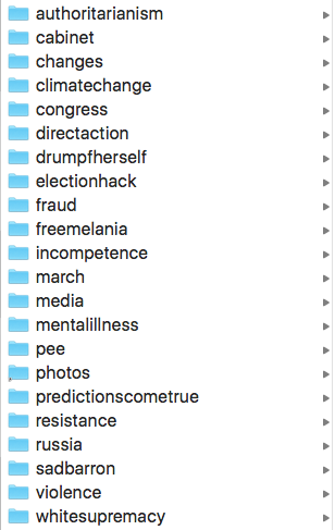 image of directory subfolders image of directory subfolders: authoritarianism, cabinet, changes, climatechange, congress, directaction, drumpfherself, electionhack, fraud, freemelania, incompetence, march, media, mentalillness, pee, photos, predictionscometrue, resistance, russia, sadbarron, violence, whitesupremacy