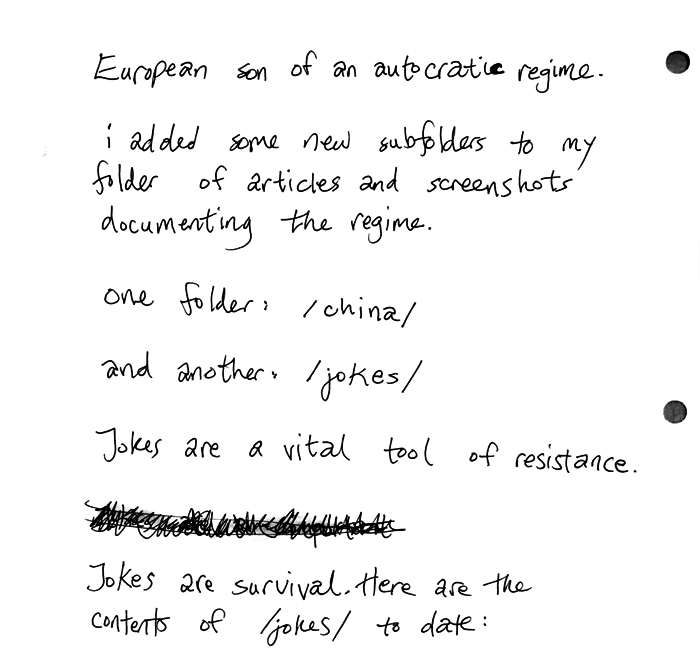 European son of an autocratic regime. i added some new subfolders to my folder of articles and screenshots documenting the regime. one folder: /china/  and other: /jokes/  Jokes ar ea vital tool of resistance. Jokes are survival. Here are the contents of /jokes/ to date: