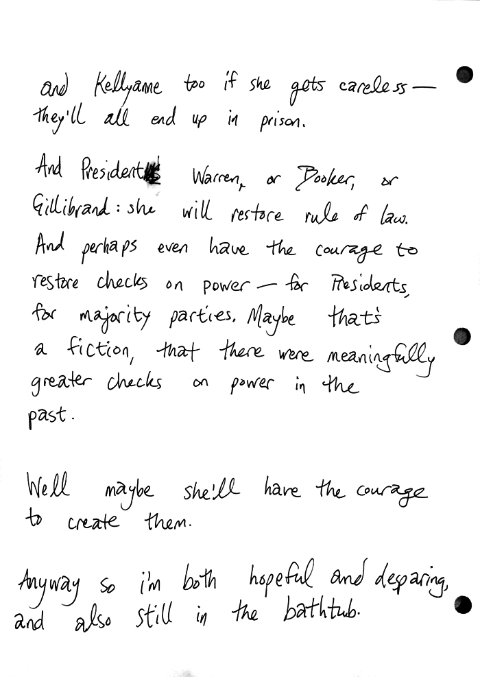 and Kellyanne too if she gets careless — they'll all end up in prison. And President Warren, or Booker, or Gillibrand: she will restore rule of law. And perhaps even have the courage to restore checks on power — for Presidents, for majority parties. Maybe that's a fiction, that there were meaningfully greater checks on power in the past. Well maybe she'll have the courage to create them. Anyway so i'm both hopeful and desparing, and also still in the bathtub.